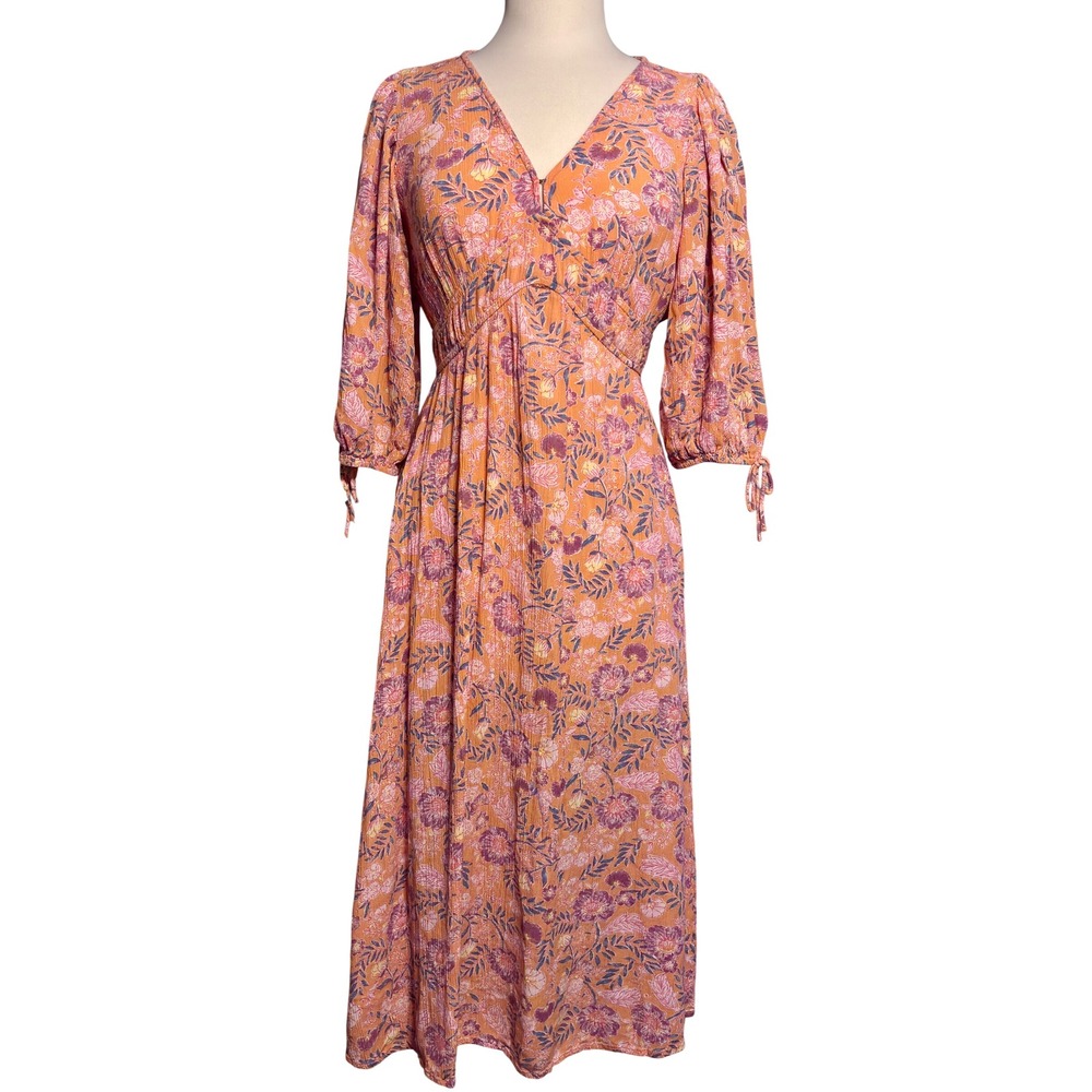 Billabong Midi Dress Women Medium Orange Floral Excellent Empire Waist V-Neck